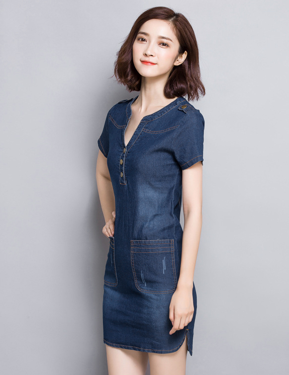 ĐẦM JEAN DÁNG SUÔNG CỔ TRỤ LAI BẦU - NJ201